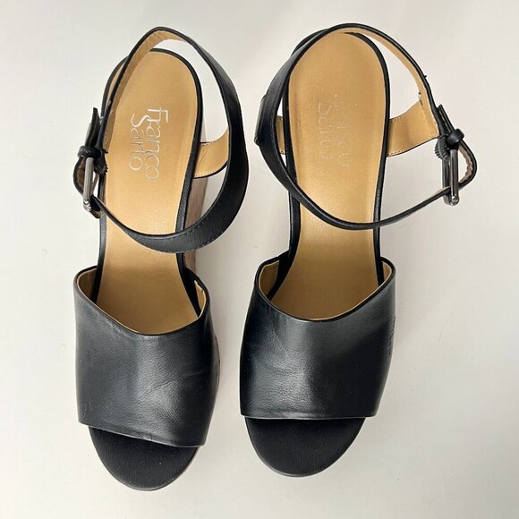 Sz 9.5 - Franco Sarto Medina Black Open Toe Mary Jane Cork Wedge Sandals - Picture 3 of 12